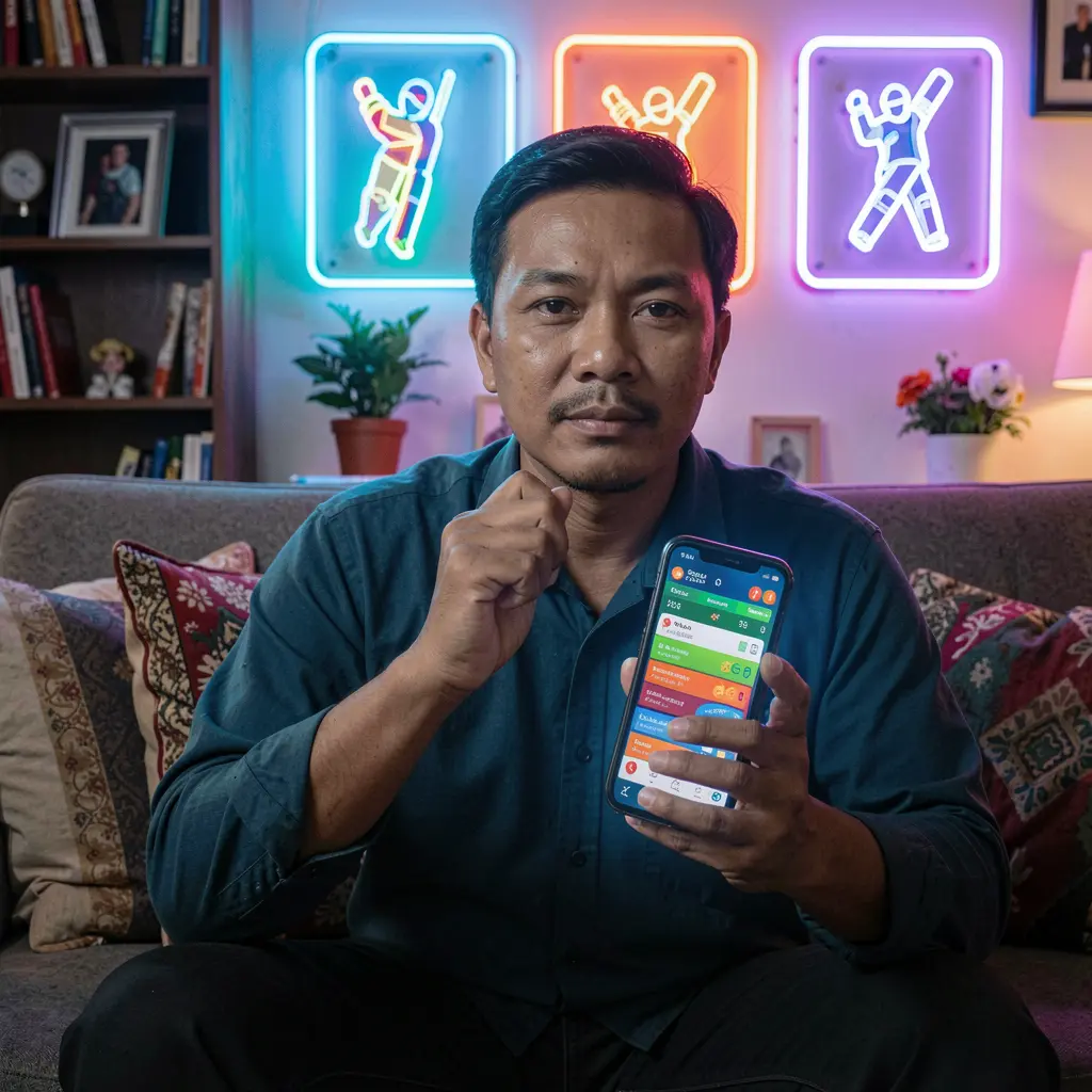 Confident Filipino player using the JILIBB22 sports betting app on his phone with glowing cricket icons and neon sports visuals behind him