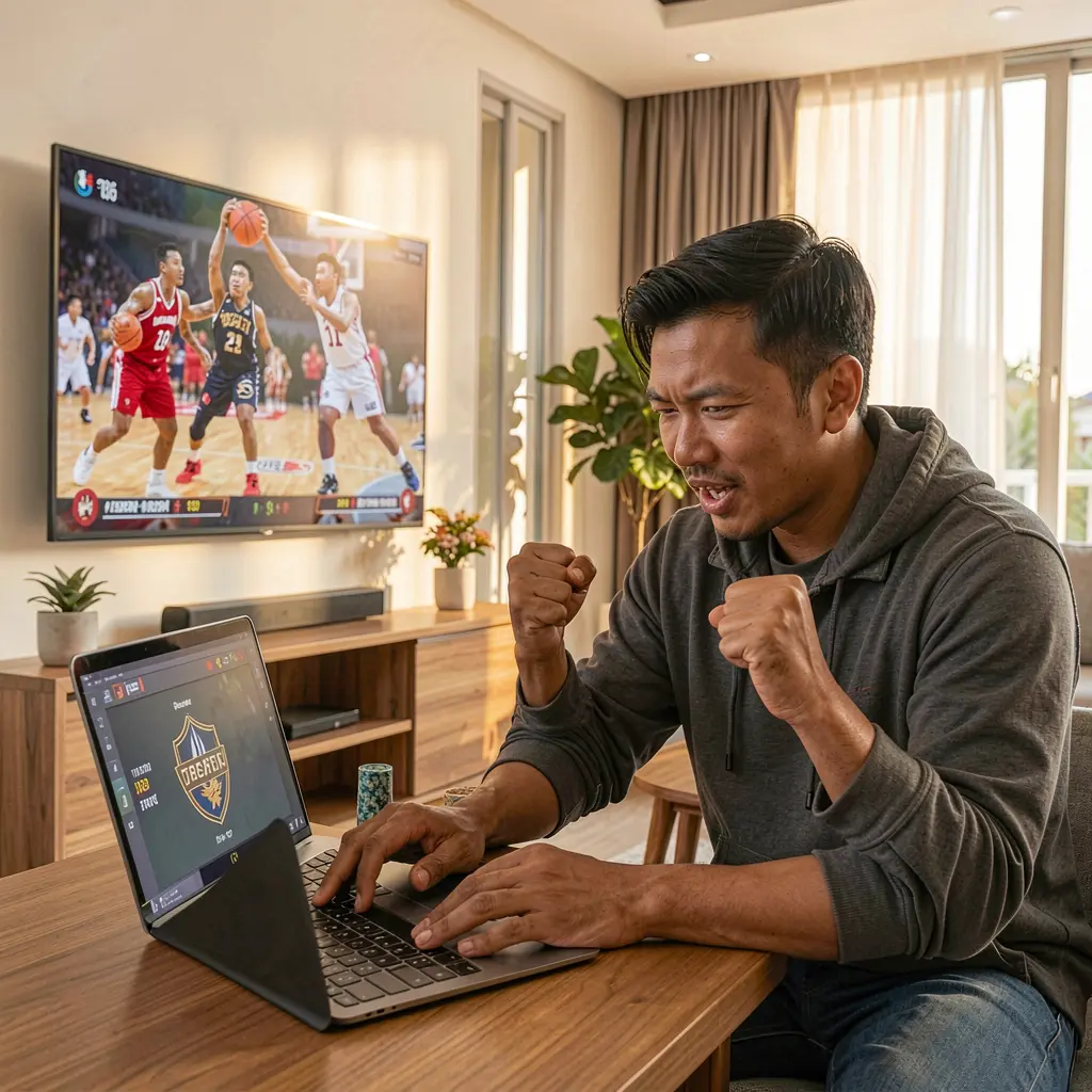 Determined Filipino bettor reacting to a key moment in a live basketball match while placing online bets on a laptop through JILIBB22 at home