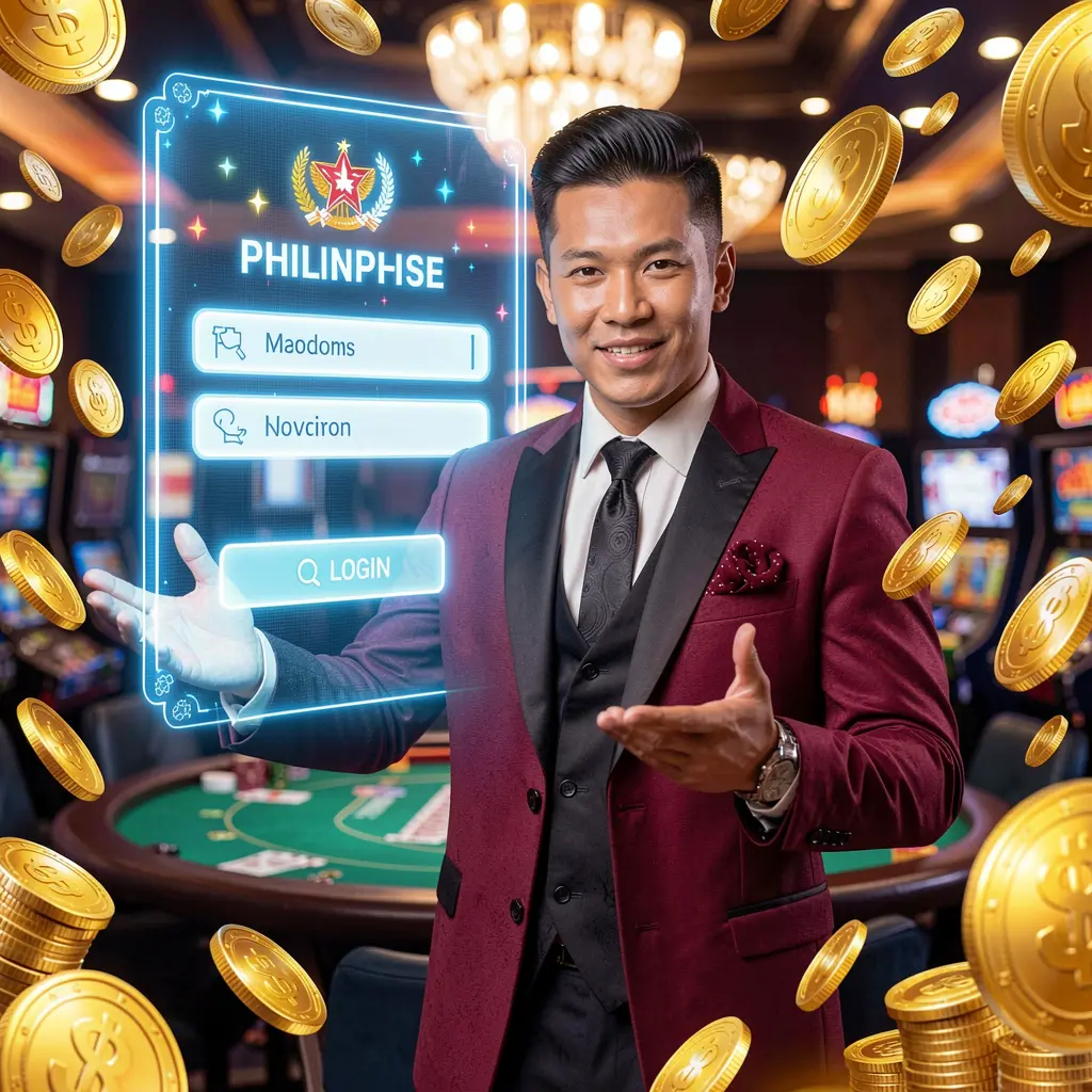 Confident Filipino casino professional emerging from a digital login interface with glowing coins symbolizing trusted access at JILIBB22