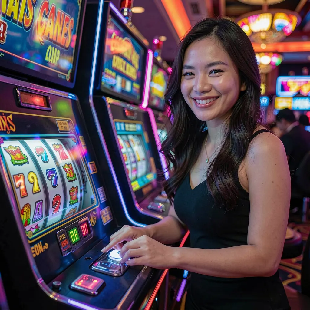 Happy Filipino woman enjoying colorful slot machine gameplay with bright reels and casino lights at JILIBB22 online casino platform